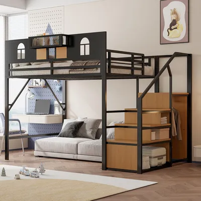 Produktbild von Flieks Etagenbett 140x200cm mit Kleiderstange und Staufach, Hochbett mit Treppe, Kinderbett Jugendbett Metallbett mit Rausfallschutz und Lattenrost