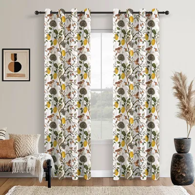 Produktbild von 2 Stück Vorhänge Zitronen- und Vogelmuster Verdunklungsvorhänge Wärmeisolierend Gardinen mit Ösen für Wohnzimmer Schlafzimmer, B127xH240cm