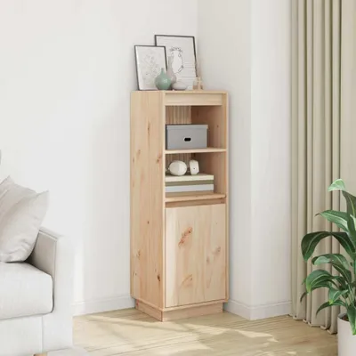 A wooden cabinet with shelves and a door, placed in a room next to a sofa and curtains.