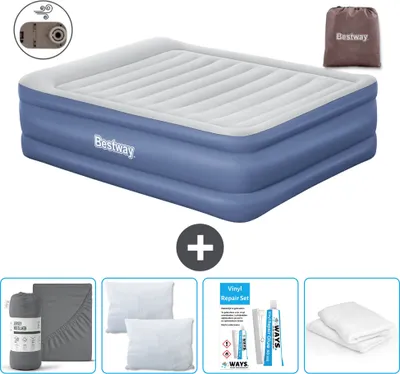 Produktbild von Doppelbett - 2 Personen - 152 x 203 x 61 cm - Grau/Blau - Mit Pumpe - Bettwäsche - Kissen - Kissenbezug und Reparaturset