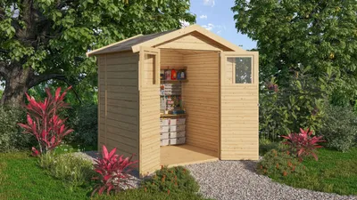 A wooden garden shed with its doors open, showing storage shelves and boxes inside, set in a garden with trees and plants.