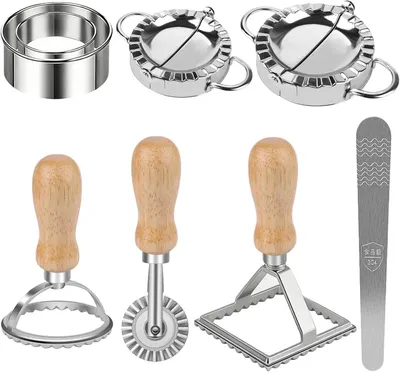 Produktbild von 8-teiliges Ravioli-Former-Set aus Edelstahl mit Ravioli-Ausstecher, Teigrädchen und Ravioliform für Ravioli, Knödel, Teigtaschen und Empanadas