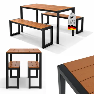 Produktbild von Bierzeltgarnitur MALLORCA 3-teilig Gartenmöbel-Set | 1x Esstisch & 2x Gartenbank | HxBxT 76x118x58cm | für 4 Personen | Kunststoff & Metall wetterfest | in Holzoptik | Gartengarnitur Outdoor für Garten Terrasse Balkon Gartentisch