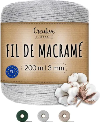 Image de Creative Deco 3mm x 200m Corde Macrame Fil de Coton Gris Clair