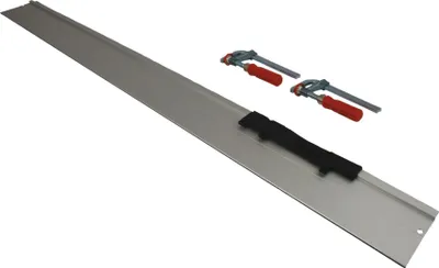 A long, silver guide rail with two red-handled clamps and a black attachment, isolated on a white background.