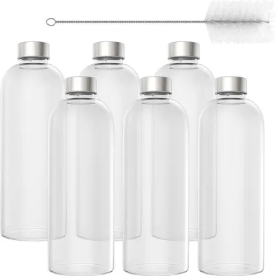 Obrázek produktu pro JOIEYOU skleněná láhev s nerezovým víčkem 1000ml skleněná láhev na pití s čisticím kartáčkem skleněná láhev na pití vzduchotěsná nepropustná láhev na vodu skleněná na teplé studené nápoje 6 kusů