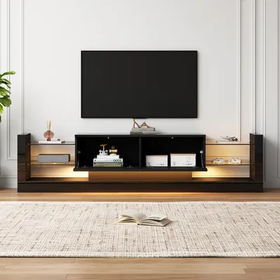 Immagine prodotto di Mobile TV da 181 cm con illuminazione LED, ante in vetro e due cassetti a ribalta, base TV bassa in vetro lucido nero, adatta a televisori fino a 80 pollici