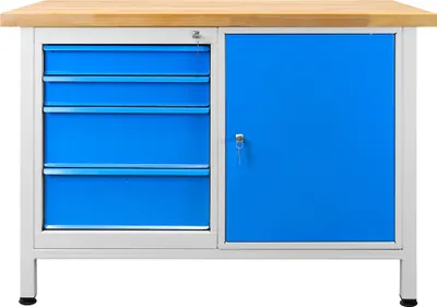 Produktbild von Werkbank Rhino mit 4 Schubladen + 1 Tür | HxBxT 84x120x60cm | Traglast 300kg | Lichtgrau/Lichtblau