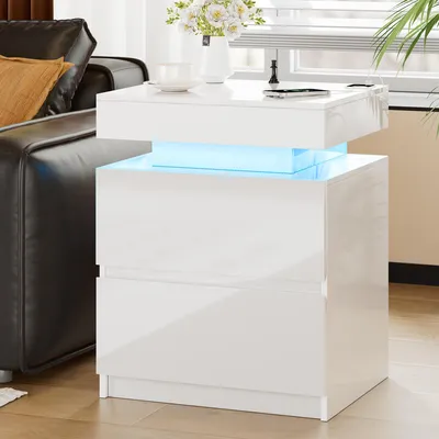 Produktbild von LVSOMT LED Nachttisch mit Geheimfach und Ladefunktion,Bewegungssensor Licht, Moderner Nachttische mit USB-C-Laden, 3 LED-Lichtfarben, 2 Schubladen