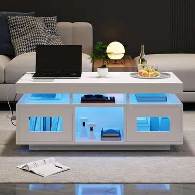 Produktbild von Merax Couchtisch Hochglanz Weiß, 100x50x43cm, LED-Tisch mit App-Steuerung, Schrank, USB & Steckdose, Modernes Wohnzimmer/Büro