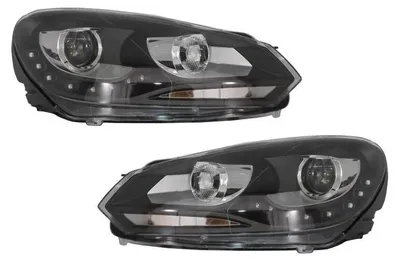 Image de Phares LED TFL pour VW Golf 6 VI (octobre 2008–2012) avec feux de jour noirs.