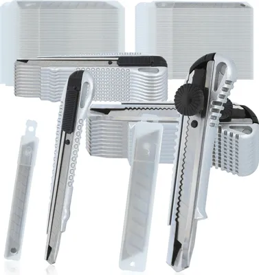 Produktbild von com-four® 20x Cuttermesser mit Ersatzklingen - Teppichmesser mit Aluminiumgriff - Tapetenmesser in 2 Größen - Kartonmesser mit Abbrech-Klingen - scharfe Bastelmesser - Rigipsmesser
