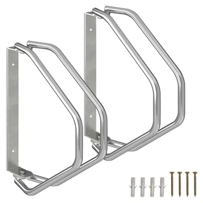 Produktbild von Relaxdays Fahrradständer, 2er Set, Wandmontage, stabiler Stahl, Fahrradwandhalter, 180° schwenkbar, Einzelparker, silber, KI-generiertes Bild