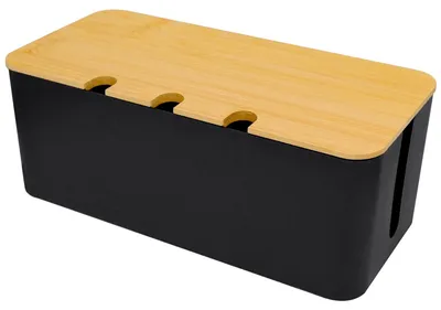 Produktbild von Kabelbox – Steckdosenleiste – Holzdeckel – Schwarz – 32 x 13,6 x 12,7 cm