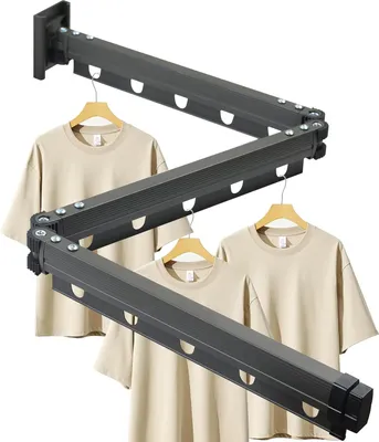 Zdjęcie produktu dla Składany wieszak do suszenia ubrań - do montażu na ścianie - 126 cm - ciemnoszary - aluminium