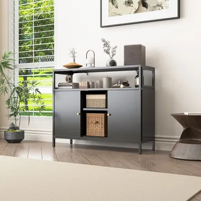 Produktbild von Mein-Regal Sideboard Mesh aus Metall mit Ablage und 2 Schiebetüren Schwarz