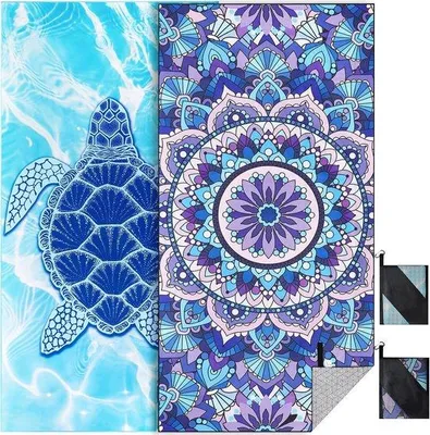 Produktbild von Famanu XXL Strandhandtuch 180 x 90 cm - schnelltrocknendes Mikrofaser, sandabweisend, mit Schildkröten und himmelblauen Blättern