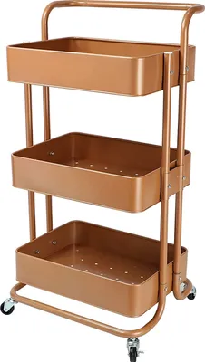 A copper-colored three-tiered rolling cart is shown against a white background.