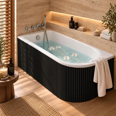 Produktbild von AQUA for you | Badewanne - Besco Jollin - asymmetrische Eckbadewanne - 160x75 cm - links - Schwarz matt - mit geriffelter Acrylschürze, Badewannenverkleidung