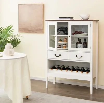 Zdjęcie produktu dla Szafka na wino, szafka kuchenna, szafka bufetowa z 2 szklanymi drzwiami i 2 szufladami, stojak na 8 butelek, szafka do przechowywania z zabezpieczeniem przed przechyleniem, gablota 90x40x126,5cm
