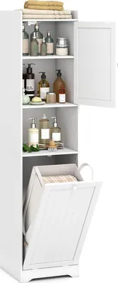 Produktbild von GOPLUS Badezimmerschrank mit Wäschekorb, abnehmbarem 48L-Wäschesack, Hochschrank mit verstellbarem Regal, Tür & Schublade, Badschrank für Badezimmer