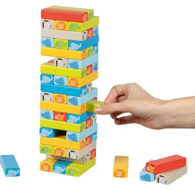 Produktbild von Holzstapelturm Wackelturm Stapelspiel - 55 Teile - Mit Tiermotiven - 7,5 x 7,5 x 27 cm