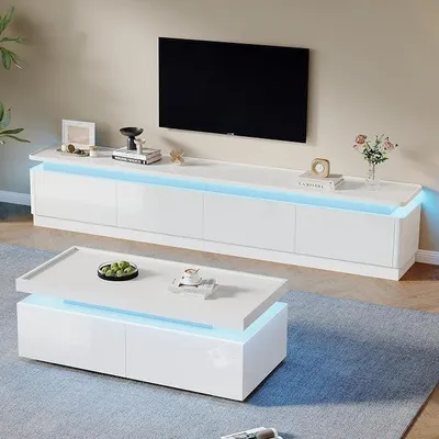 Productafbeelding van Woonkamer meubelset met LED-verlichting, inclusief:* TV-meubel/dressoir, 180 cm breed, modern design met 4 lades.* Salontafel/woontafel/sofa-tafel/koffietafel met 2 lades, minimalistisch design, hoogglanz wit