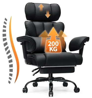 Obrázok produktu pre Kancelárska stolička – ergonomická stolička pre manažérov – nosnosť 200 kg – potiahnutá umelou kožou z polyuretánu – s podnožkou – s nastaviteľnou opierkou chrbta a podrúčkami – otočná s kolieskami – čierna