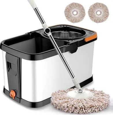 Productafbeelding van Famanu Mopset met emmer, roestvrijstalen 360° draaimop met wringmechanisme, telescopische steel van 130 cm en 2 microvezel mopkoppen