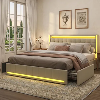 Obrázek produktu pro Postel INONEFT, rozměr 180x200 cm, s úložným prostorem, čalouněná postel s LED osvětlením, s porty typu C a USB, dvoulůžko se 4 zásuvkami, barva: lněná, béžová, Obrázek vytvořený pomocí AI