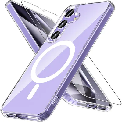 Immagine prodotto di Custodia per smartphone con tecnologia MagSafe e vetro temperato per Samsung Galaxy S25/S24, resistente agli urti, trasparente e di colore chiaro
