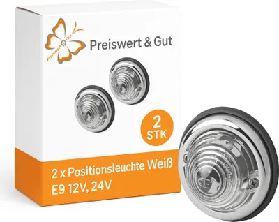 Produktbild von 2x Begrenzungsleuchte Weiß für Anhänger Beleuchtung Ø 70mm, H37mm Seitenleuchten und Positionsleuchte E9 für 12V, 24V