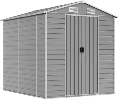 A grey metal garden shed with double doors and ventilation slits on the front.