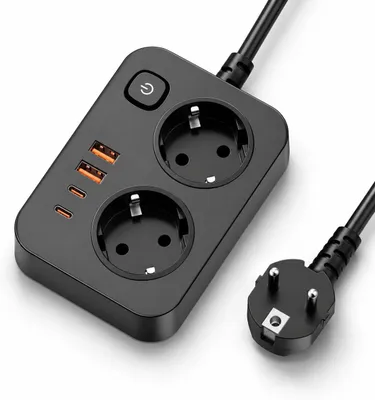 Obrázek produktu pro Víceúčelová zásuvková lišta 6 v 1 s USB-C 20W rychlonabíjením – 2 zásuvky s vypínačem a 4 USB porty – prodlužovací kabel