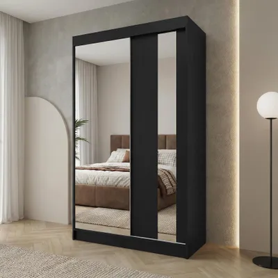 Produktbild von BEAUTYSOFA | Kleiderschrank GAJA 120 cm Schwarz, Schrank mit Spiegel – 2-türiger Schiebetürenschrank Schlafzimmerschrank