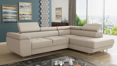 Produktbild von Ecksofa Caris mit Schlaffunktion und einstellbare Kopfstützen, Cord Stoff, Wohnlandschaft mit Bettkasten, Couch, Sofa, Bettsofa (Beige (Poso 100), Ecksofa Rechts)