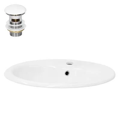 Produktbild von LuxeBath Waschbecken Aufsatzwaschbecken Oval, 57x48,5x19,5 cm, Weiß, aus Keramik, inkl. Ablaufgarnitur mit Überlauf
