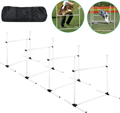 Obrázok produktu pre XMTECH 4-dielna súprava prekážok pre agility, súprava agility vybavenia pre psov s taškou na prenášanie, výškovo nastaviteľná súprava prekážok pre výcvik psov, výška 101 cm, biela