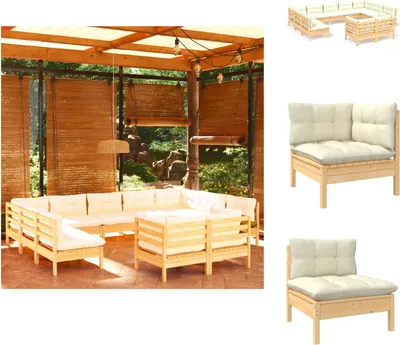 Produktbild von vidaXL 11-tlg. Garten-Lounge-Set mit Creme Kissen Massivholz Kiefer -  Gartenmöbel-Sets