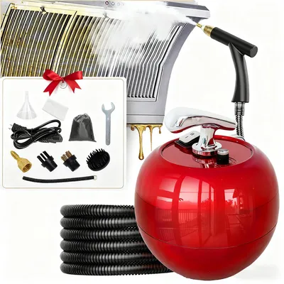 A collage of a steam cleaner and its accessories, demonstrating its cleaning capabilities.