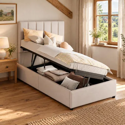 Immagine prodotto di Letto imbottito 90x200 cm, letto per bambini/ragazzi con spazio contenitore, cassone letto con sistema idraulico, poggiatesta regolabile, rete a doghe, letto singolo, colore beige, senza materasso