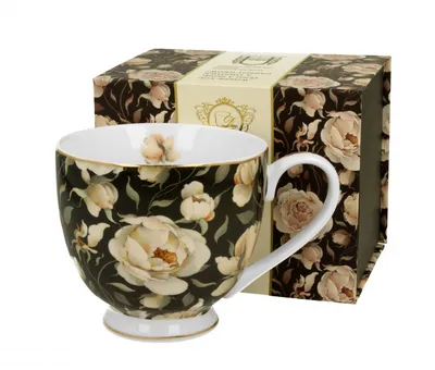 Produktbild von DUO sp. z o.o., Becher mit Fuß, New Bone China Porzellan, 530 ml, Schwarz, Goldrand, GOLDEN LINE Kollektion, ENGLISH ROSES BLACK Reihe, 100 mm, 150 mm, 110 mm, 360 g, Geschenkbox, Handwäsche