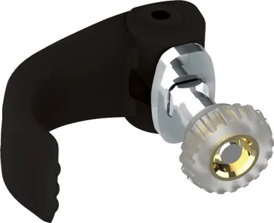 A close-up studio shot of a single black and silver adjustable pole locking mechanism with a clear plastic grip.