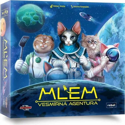 The image shows the front of a board game box with cartoon cats dressed as astronauts in space.