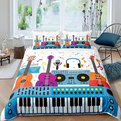 Zdjęcie produktu dla Komplet pościeli dziecięcej z motywem instrumentów muzycznych, 135x200 cm, mikrofibra, 2-częściowy