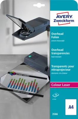 Produktbild von Avery Zweckform 3566 Overhead-Folien, DIN A4, spezialbeschichtet, extrem hitzestabil durch erhöhte Folienstärke: 0,13 mm, 20 Blatt