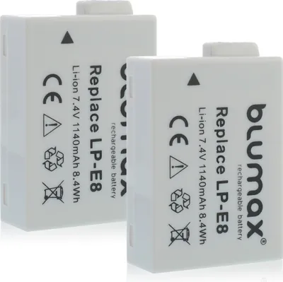 Produktbild von 2x Blumax Akku | für Canon LP-E8 Digitalkamera | Kapazität 1140mAh  |Spannung 7,2Volt | Video- und  Kamerazubehör