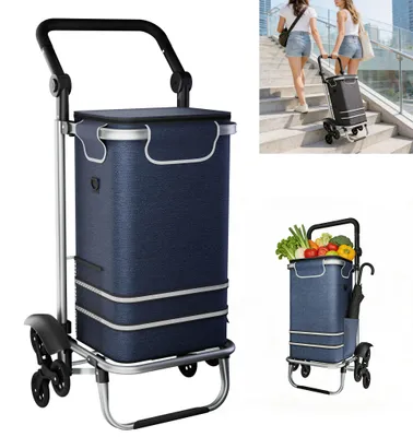 Obrázok produktu pre Nákupný vozík XMTECH s taškou s objemom 56 l, hliníkovým rámom, materiálom 600D Oxford, skladací vozík na nákupy, kempovanie a záhradu, modrý, 100 × 46 × 41 cm