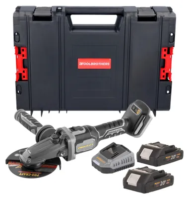 Imagen del producto de Procraft Industrial AG125Cbb Amoladora angular de cabeza plana con batería 20 V 125 mm sin escobillas + 2 baterías de 2,0 Ah + cargador + maletín RHINO Toolcase