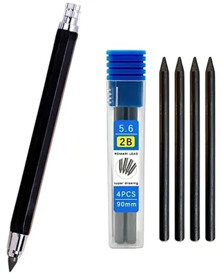 Immagine prodotto di Set di matite da disegno in metallo, punta da 5,6 mm con clip, con 4 mine di grafite, ideali per disegno tecnico, progettazione, hobby, arte e schizzi, colore nero